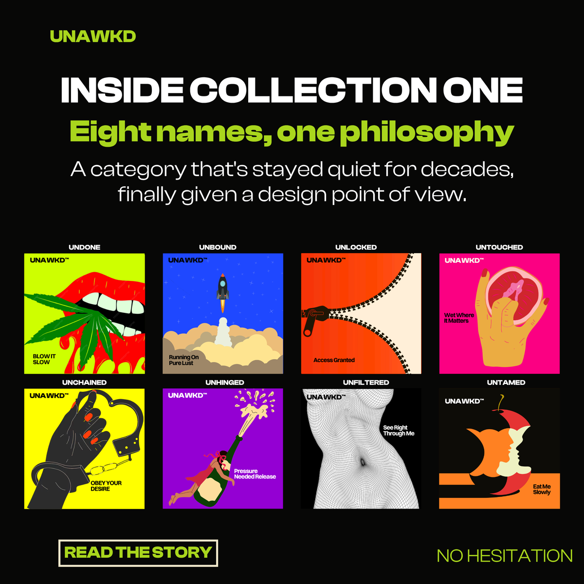 Eight minimalist icons representing the UNAWKD Collection One condom lineup and its design philosophy